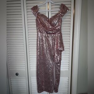 Sequin Off-Shoulder Evening Gown in Rose Gold